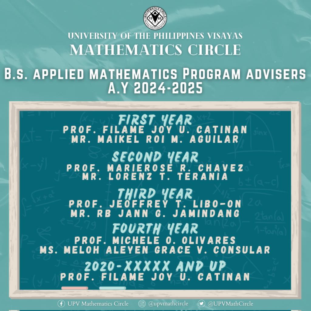 UPVMathCircle's tweet photo. Let us welcome our esteemed 𝘼𝙥𝙥𝙡𝙞𝙚𝙙 𝙈𝙖𝙩𝙝𝙚𝙢𝙖𝙩𝙞𝙘𝙨 𝙋𝙧𝙤𝙜𝙧𝙖𝙢 𝘼𝙙𝙫𝙞𝙨𝙚𝙧𝙨!

We are thrilled to present to you the exceptional talents who will be the unrivaled maestros for this year's Applied Mathematics Program!🧮🎶 https://t.co/S4AgtUJukU