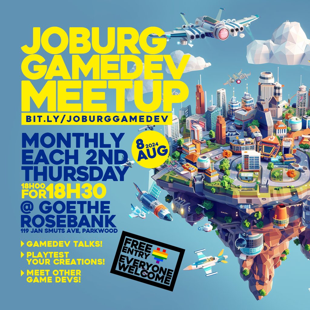 August is almost here, and so is the next #joburg #gamedev meetup :) Come and join us at <a href="/goethejoburg/">Goethe-Institut JHB</a> for talks, playtests and the opporunity to meet fellow gamedevs.