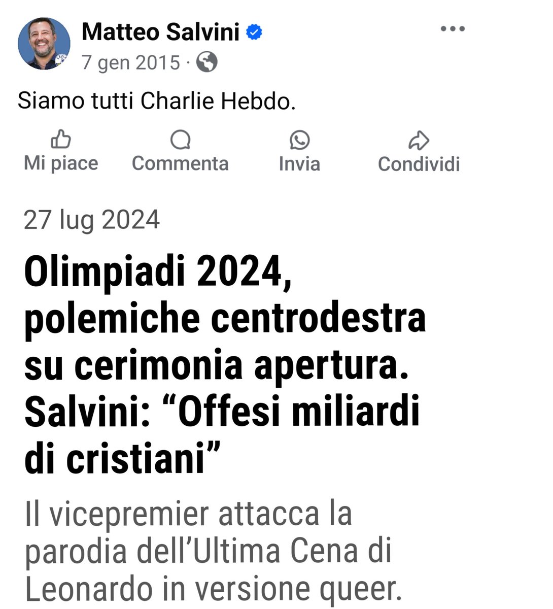 ninocarella's tweet photo. Fino a quando sfottevano Maometto eravate tutti Charlie, ma appena vi toccano Cristo diventate talebani.

#Salvini #Olimpiadi 
#OlimpiadiParigi2024 https://t.co/QnDaJHKkwj