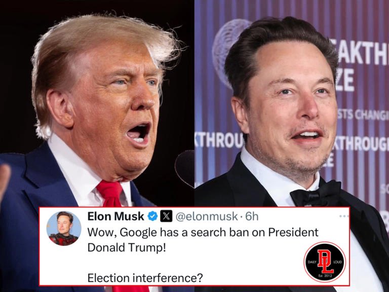 DailyLoud's tweet photo. Elon Musk claims that Google has a deliberate “search ban” on former President Donald Trump. https://t.co/lv334GeUnR