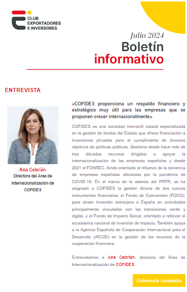 📰 En nuestro boletín de julio entrevistamos a Ana Cebrián, directora del Área de Internacionalización de <a href="/COFIDES/">COFIDES</a>:  

"COFIDES proporciona un respaldo financiero y estratégico muy útil para las empresas que se proponen crecer internacionalmente" 

👉clubexportadores.org/sala-de-prensa…