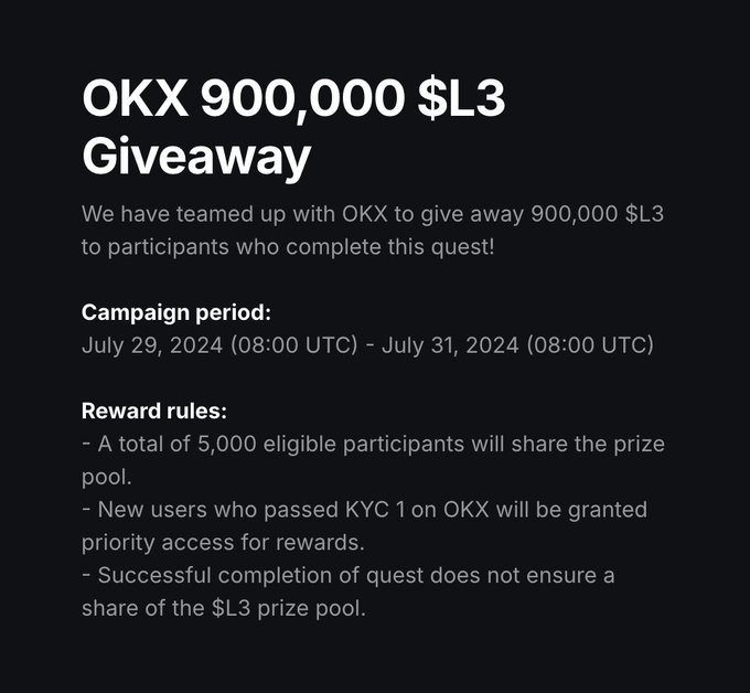 900.00 $L3 token dağıtılacak yapılması gerekn sadece <a href="/okx/">OKX</a> Uid numranızı linke girmek.
Bu arada clam tsi ile 12:30'da listeleme 13:00 da gerçekleşecek.Şuan bildiğim kadarıyla Okx gate kucoin geldi.
Hangi chainden claim olacak bilgisi olan var mı?

app.layer3.xyz/quests/okx-l3-…