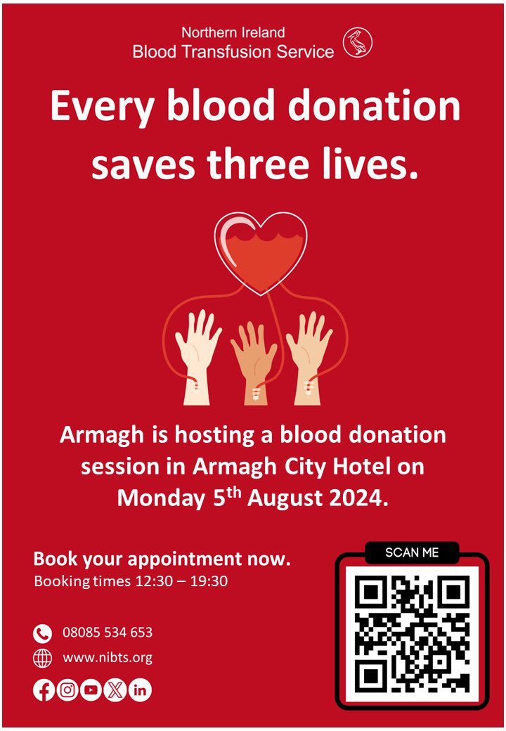 Give blood in #Armagh next Monday 5th August, you could save 3 lives. Book your appointment by tapping on the link - bit.ly/GiveBloodNI❤️

#GiveBlood #SaveLives #DonateBlood #BloodDonor #Lifesavers #NorthernIreland