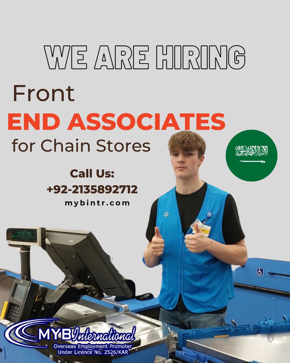 mybintl's tweet photo. Our valued client a Chain Stores in Saudi Arabia is URGENTLY hiring :

Front End Associates

https://t.co/C0PcFgiGQM

Requirements:
Age: 21 - 26 only 
Basic English 

Interested candidates are requested to visit the office with their CV and related Documents.

MYB International https://t.co/E81Rh4sTKa