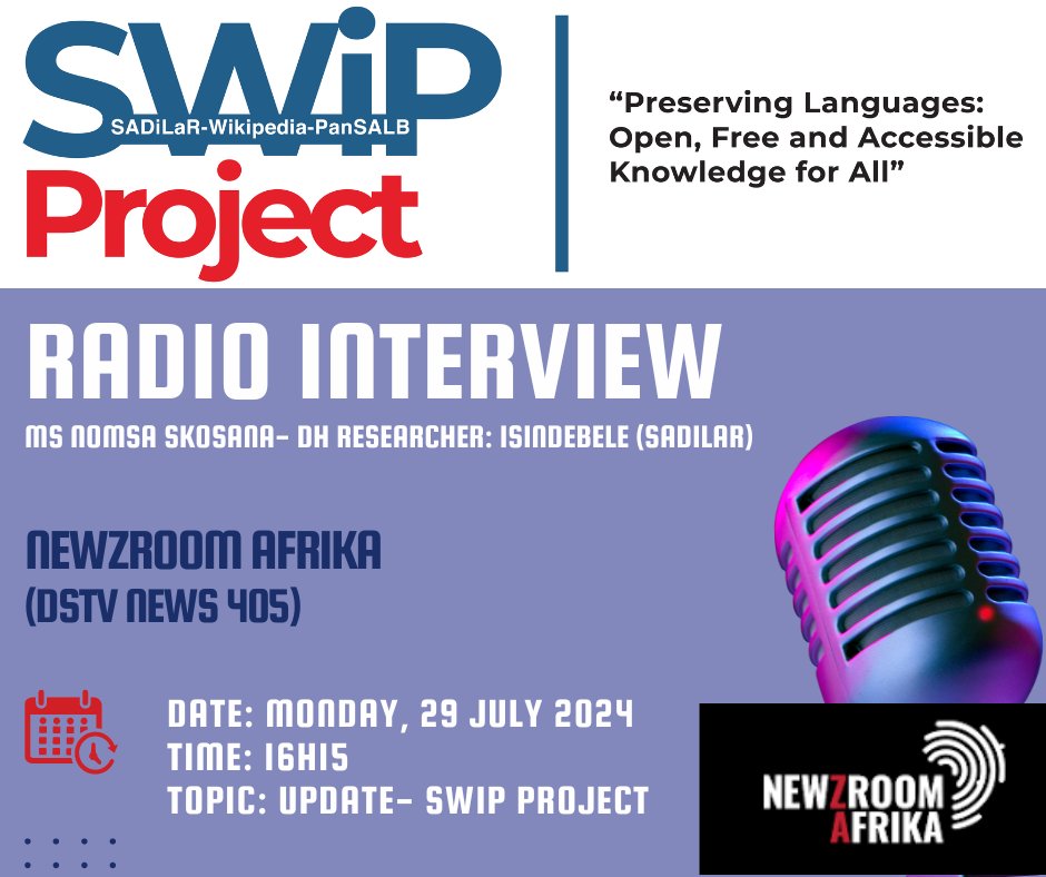 SADiLaR_ZA's tweet image. Join us this afternoon on Newzroom Afrika, channel 404 for updates on SWiP! Tune in to learn more about the SWiP Writing Competition and other exciting plans for phase 2 of the project!
#Wikimedia #Pansalb #digitalhumanities
#swipwritingcompeb
