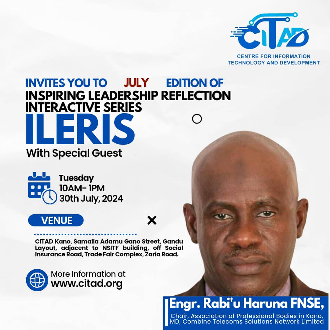 CITAD (@ictadvocates) on Twitter photo Join us tomorrow, Tuesday, July 30 for this month's edition of Inspiring Leadership Reflection Interactive Series (ILERIS). We are hosting Engr. Rabiu Haruna FNSE, MD of Combine Telecoms Solutions Network Ltd and Chair, Association for Professional Bodies in Kano <a href="/KanoChronicle/">Kano Chronicle</a> Join us tomorrow, Tuesday, July 30 for this month's edition of Inspiring Leadership Reflection Interactive Series (ILERIS). We are hosting Engr. Rabiu Haruna FNSE, MD of Combine Telecoms Solutions Network Ltd and Chair, Association for Professional Bodies in Kano <a href="/KanoChronicle/">Kano Chronicle</a>