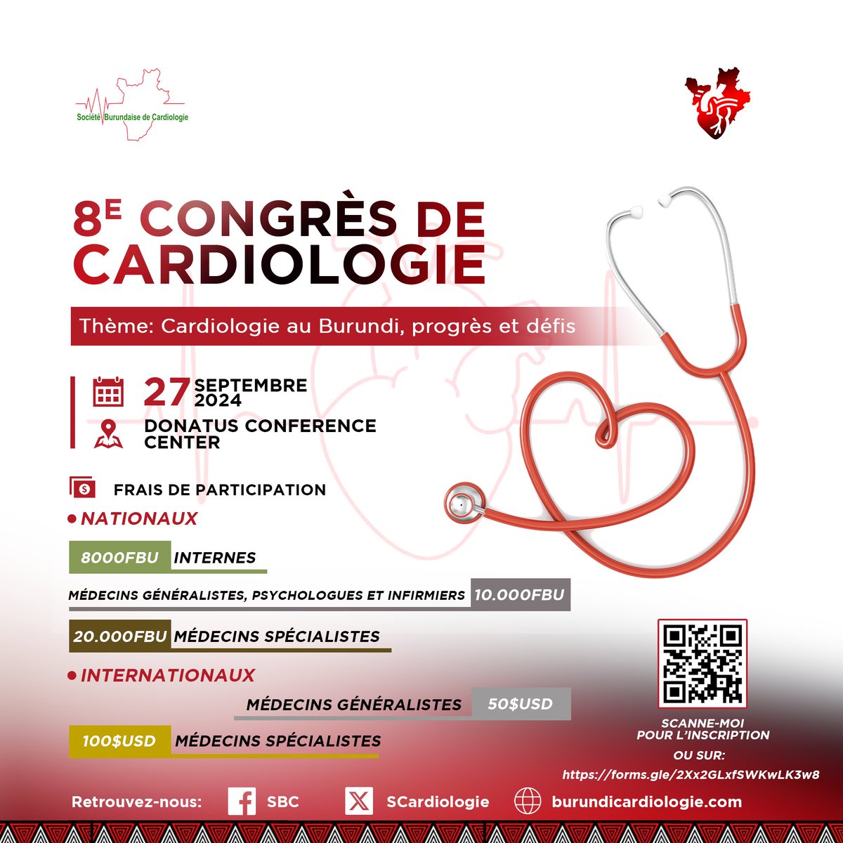 La Société Burundaise de Cardiologie vous invite à son 8ème congrès de Cardiologie prévu en date du 27 septembre 2024 sous le thème "Cardiologie au Burundi: progrès et défis". Pour vous inscrire vous pouvez le faire via ce lien forms.gle/K6FDmk3MNNgDyx…
<a href="/WhoBurundi/">WHO Burundi</a> <a href="/worldheartfed/">World Heart Federation</a>