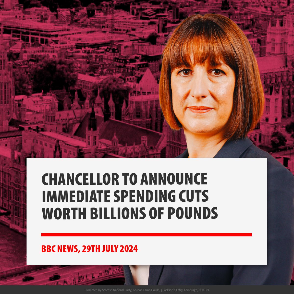 theSNP's tweet photo. 📢 We repeatedly warned that Labour’s decision to copy Tory spending plans and fiscal rules would lead to around £18 billion of cuts.

🚩 Labour denied this throughout the election.

🤦 Now, UK Chancellor Rachel Reeves has been forced to admit it's true. https://t.co/meEEM9Zejg