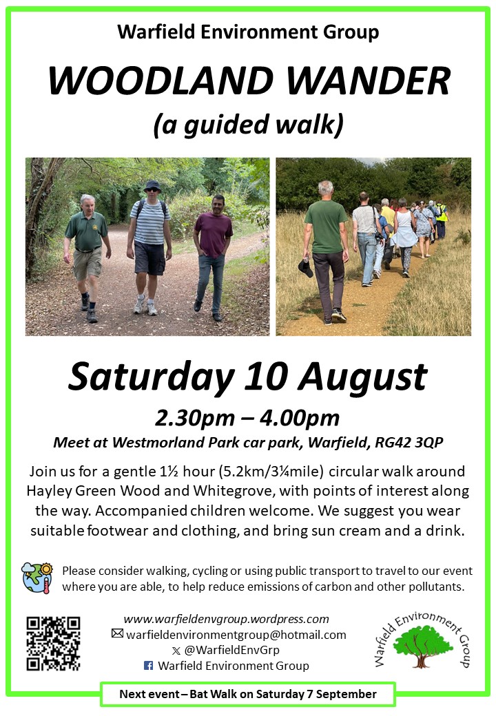 WEG WOODLAND WANDER (a Guided Walk) starting/ending at WESTMORLAND PARK

🗓️ Saturday 10 August
⏰ 2.30pm - 4.00pm

Join us for our annual, gentle 3.25-mile stroll around Hayley Green Wood and Whitegrove #Warfield. See poster for further info 🚶💚