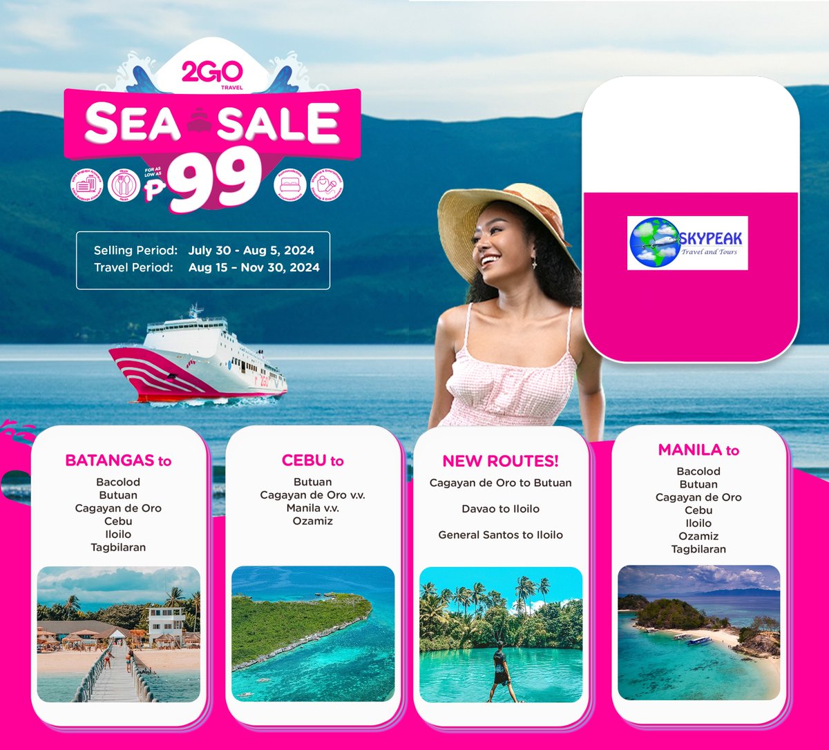 sky_peak's tweet image. #Where2GO Pack your bags &amp;amp; get #Ready2GO for an adventure with @2go_travel this payday for as low as P99! Book from Jul 30-Aug 5, 2024 &amp;amp; travel from Aug 15-Nov 30, 2024 Pm us at #Skypeak fb.com/skypeaktravela…