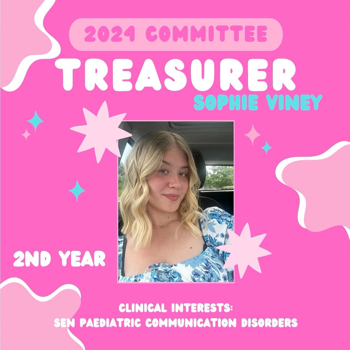 Committee 24-25💕 

This year Sophie will be taking on the role of Treasurer! Sophie and her love for SEN paediatric communication difficulties will bring an amazing contribution to new ideas and meetings🩷