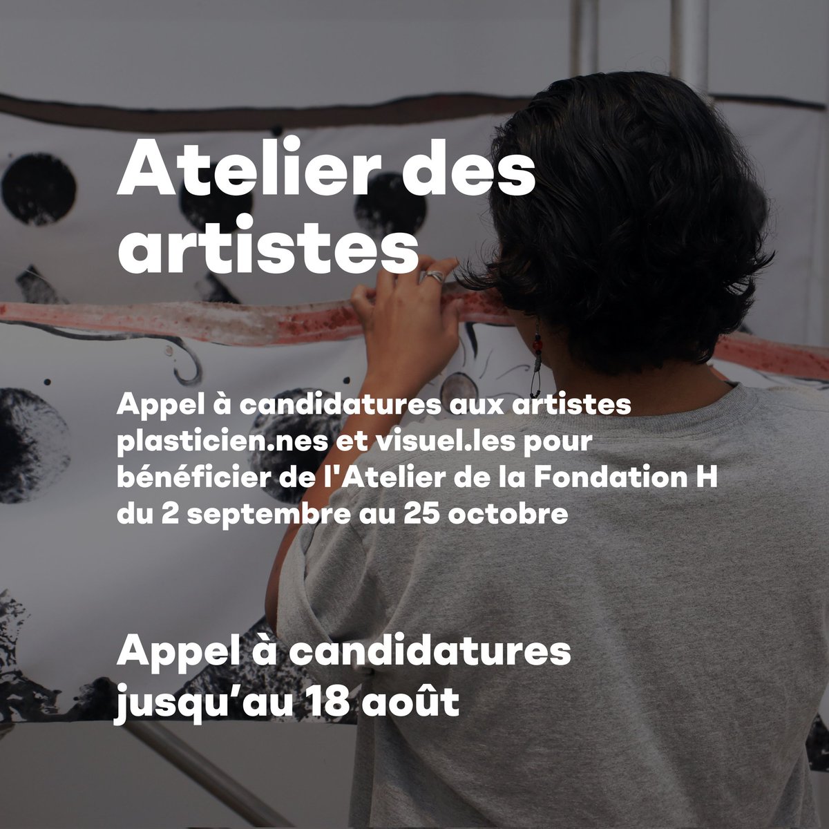 🖌️Atelier des artistes – Ouverture d'un Atelier de 54m² pour les artistes locaux.les du 2 septembre au 25 octobre 2024

Appel à candidatures jusqu'au 18 août
Plus d'informations : fondation-h.com/programmes-fr/… 

#FondationH