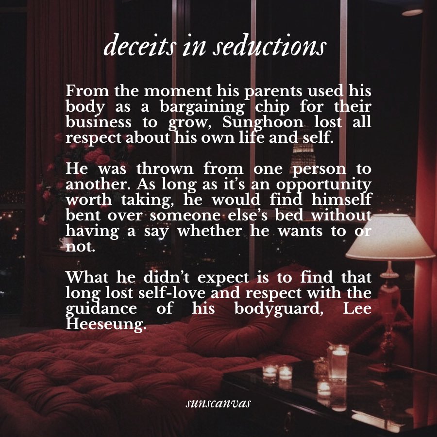 sunscanvas's tweet image. 𝒅𝒆𝒄𝒆𝒊𝒕𝒔 𝒊𝒏 𝒔𝒆𝒅𝒖𝒄𝒕𝒊𝒐𝒏𝒔.

❥ #heehoon 🔞 fic.
❥ 20 chapters, rated E.
❥ 200k-ish words.
❥ bodyguard hs, intersex sh, sexual tension, prostitution, dubious consent, degradation, feminization, exploitation, heavy angst, read tags!

❥ ao3.org/works/57754222