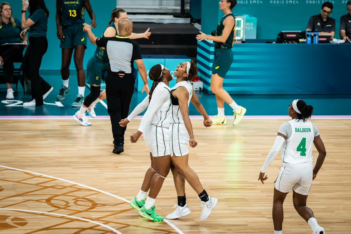 BballNaija's tweet photo. This is how you celebrate when you defeat the third ranked country in women's basketball. 

Our amazing women @DtigressNG win their first game of the #Paris2024 defeating Australia.

FT: NIG 75 - 62 AUS. 

And as expected #DTigress is trending in Nigeria. https://t.co/g5qSoey35i
