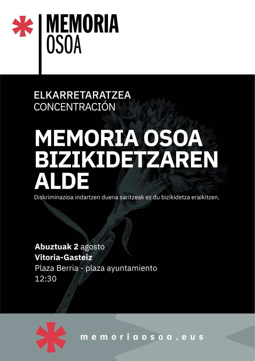 🎯 KONTZENTRAZIOA / CONCENTRACIÓN

✊🏿🌹✌️🏿 MEMORIA OSOA, BIZIKIDETZAREN ALDE

✍️ ostiral honetan, abuztuak 2 / este viernes, 2 de agosto

📌 Plaza Berria / Plaza Nueva (Vitoria-Gasteiz)

⏰ 12:30

#MemoriaOsoa
cc/ <a href="/metxebarria_vg/">Maider Etxebarria</a>