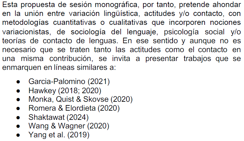 Panel sobre "Aspectos actitudinales y de contacto en el estudio de la variación lingüística" en el LIII Simposio de la SEL (<a href="/SEL2025USAL/">SEL2025USal</a>, <a href="/infoSELing/">Sociedad Española de Lingüística</a>, 20-23/01/2025) coordinado por miembros del HiTT.

🤔👉 sel2025.usal.es/wp-content/upl…

🗓️Plazo: 1-30/09/2024. ¡Animáos a contribuir!