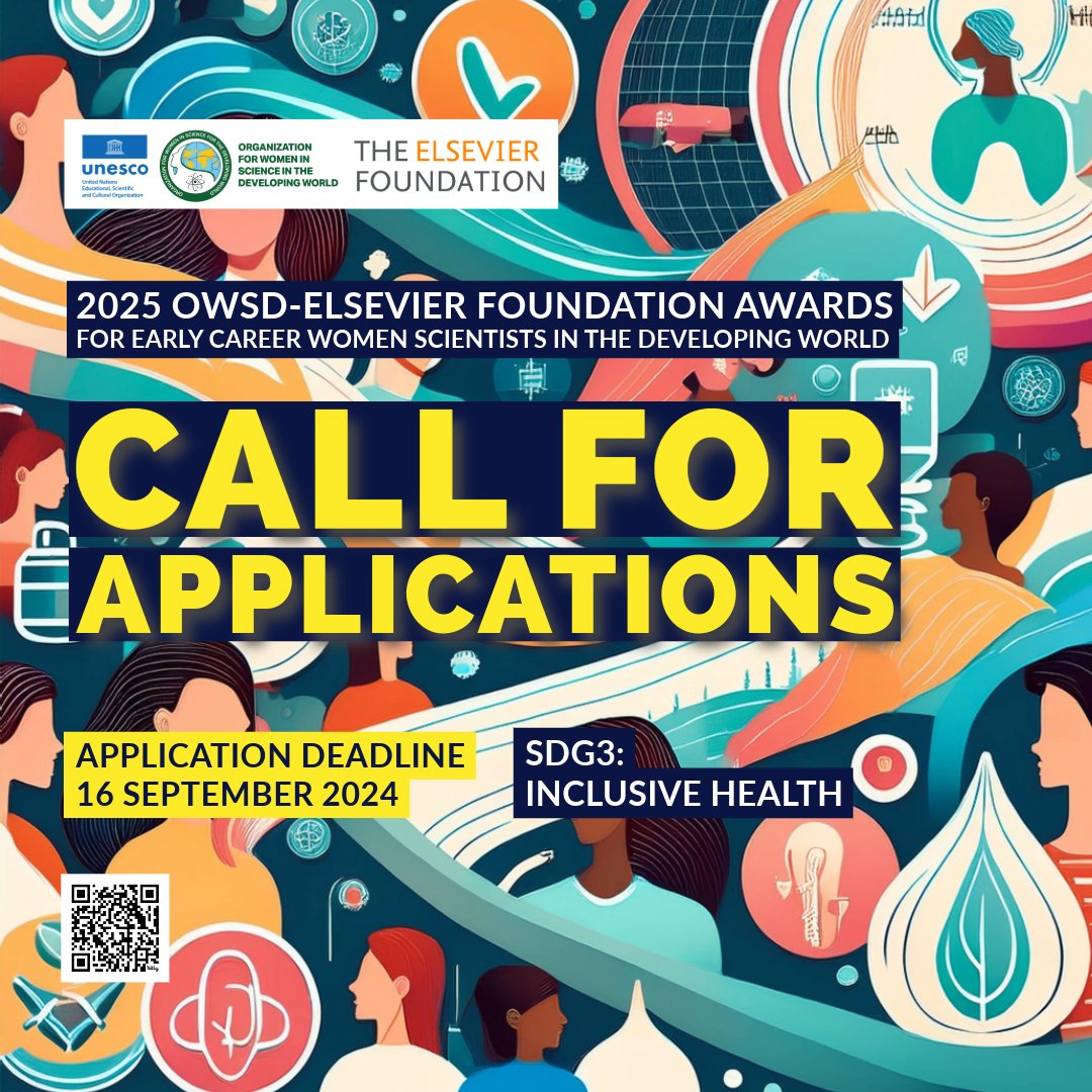 📢Now open: the Call for Applications for the 2025 OWSD-<a href="/ElsFoundation/">The Elsevier Foundation</a> Awards for early career women scientists from the developing world.

We welcome applications from women working in this year's priority area of #SDG3, inclusive health. 

All details @ bit.ly/2025OWSDAwards