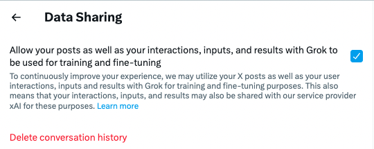 VMeignaud's tweet photo. 📢Warning everyone! X uses all our content to train their AI by default💢. To disable it, go to Settings (gear icon top right) > Privacy and Safety > Grok > Disable Data Sharing. https://t.co/pWAMuTFexK