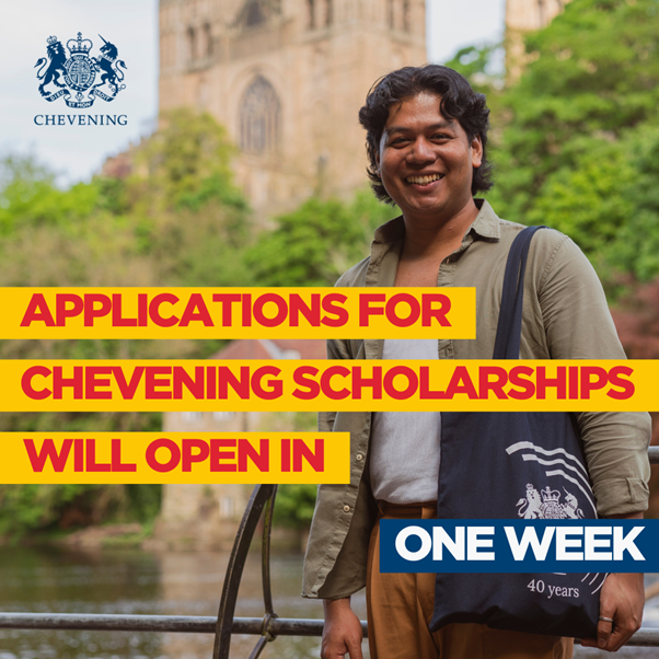 ANNOUNCEMENT 🚨
There’s only one week to go until applications open to study in the UK on a fully funded #Chevening Scholarship!

Find out if you’re Chevening material and how to apply at chevening.org/guidance
#ChooseChevening #MyCheveningJourney