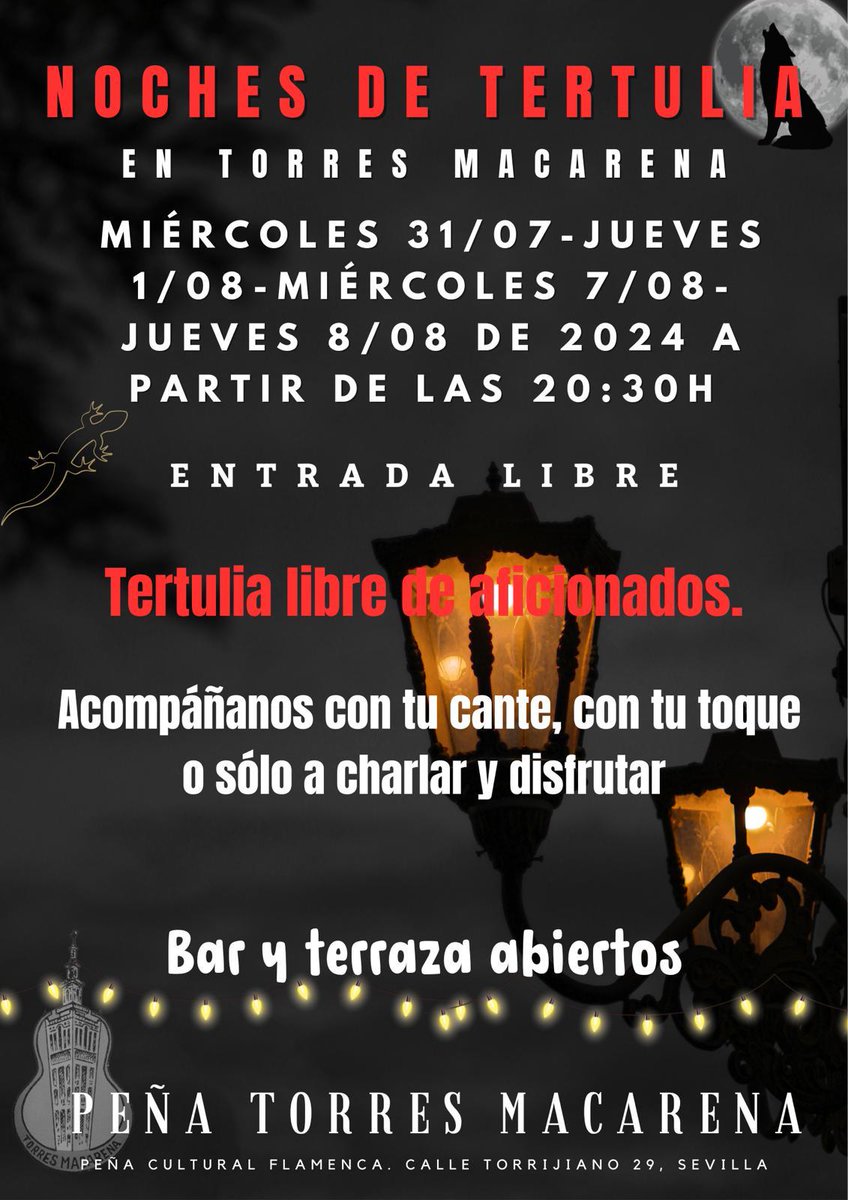 Punto de encuentro flamenco.
Torres Macarena abrirá esta semana y la próxima para la tertulia de aficionad@s.
Miércoles y jueves a partir de las 20:30.
¡Os esperamos! 💃🏻💃🏻💃🏻