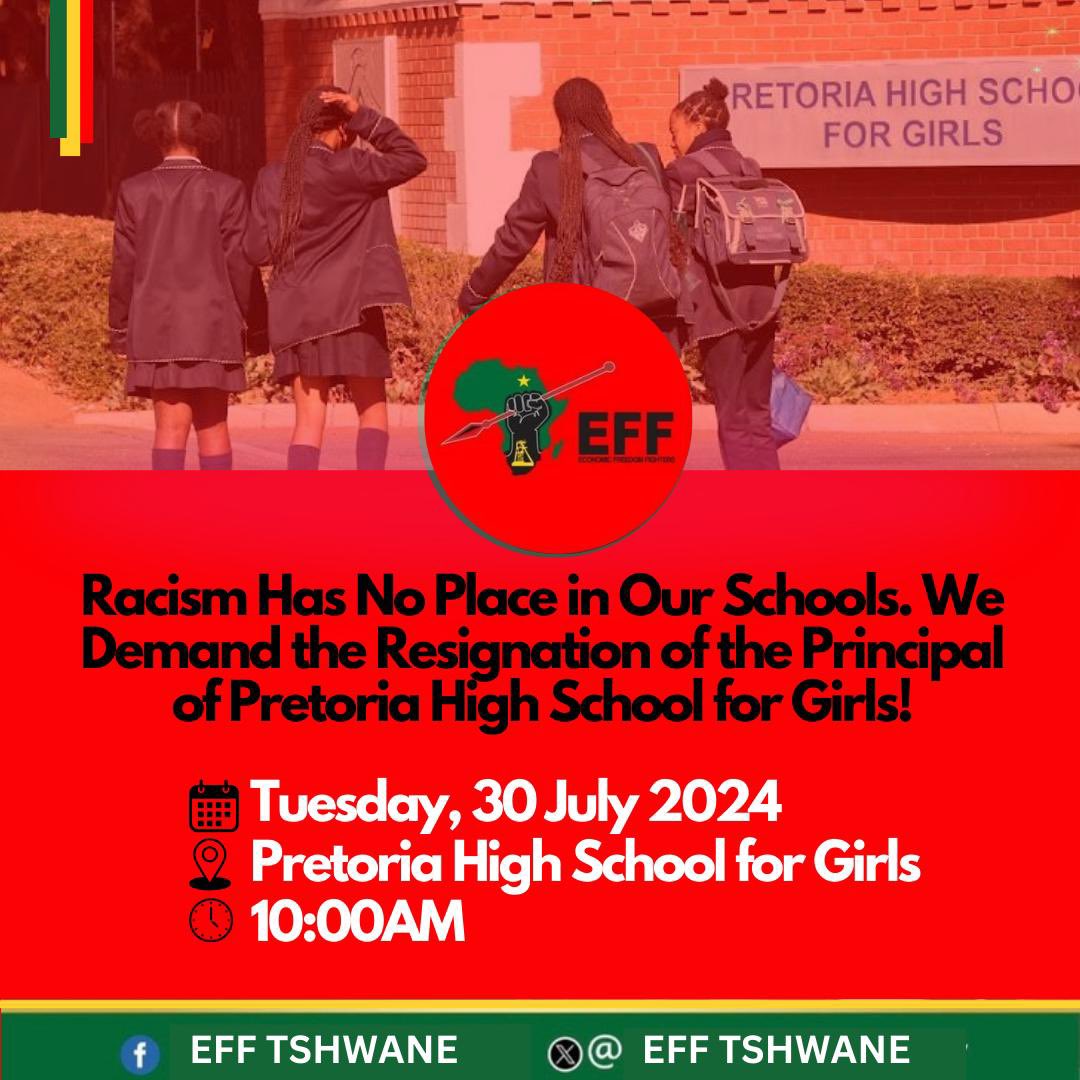 TshwaneEff's tweet photo. *Join the EFF Picket at Pretoria High School for Girls!*

The  EFF Tshwane will picket outside Pretoria High School for Girls tomorrow, Tuesday the 30th of July, to demand the immediate resignation of Principal Ms. Phillipa Erasmus and Deputy Principal Ms. Schombie. https://t.co/MZDzB686gA