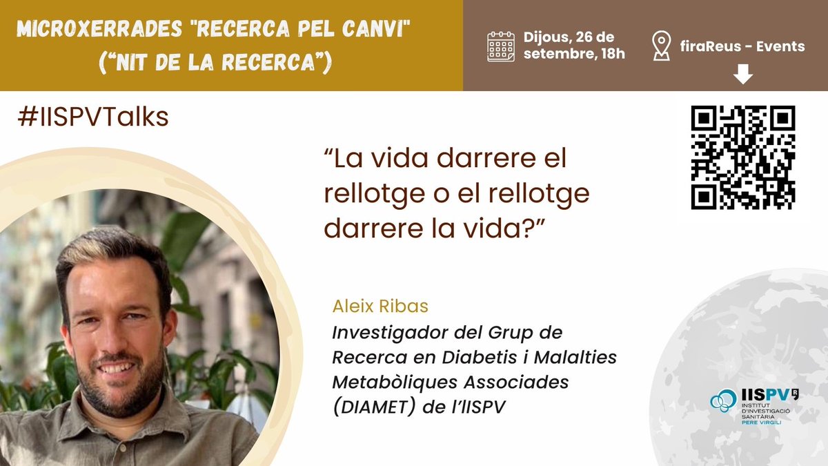 irbcatsud's tweet photo. #IISPVTalks➡️ “El rellotge biològic de les nostres vides: els cicles circadiaris”, a càrrec d’Aleix Ribas, investigador del Grup de Recerca en Diabetis i Malalties Metabòliques Associades (@DiametT @S_FdezVeledo) de l’#lISPV.
🔗 https://t.co/9gutTsBgM5 https://t.co/bKklP8hSnc