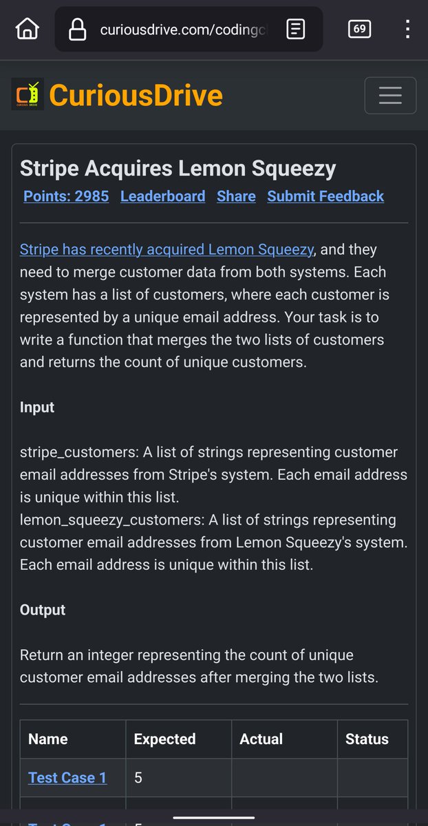 Merge customer data from Stripe and Lemon Squeezy by email addresses. Write a function to count unique customers 

curiousdrive.com/codingchalleng…

#stripe #payments #programmer #Coding #challenge