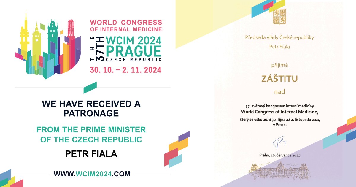 🌟 We are thrilled to announce that we have received the auspices of the Prime Minister of the Czech Republic, Petr Fiala! 🌟
#WCIM2024 #Prague2024 #primeminister #auspieces #InternalMedicine