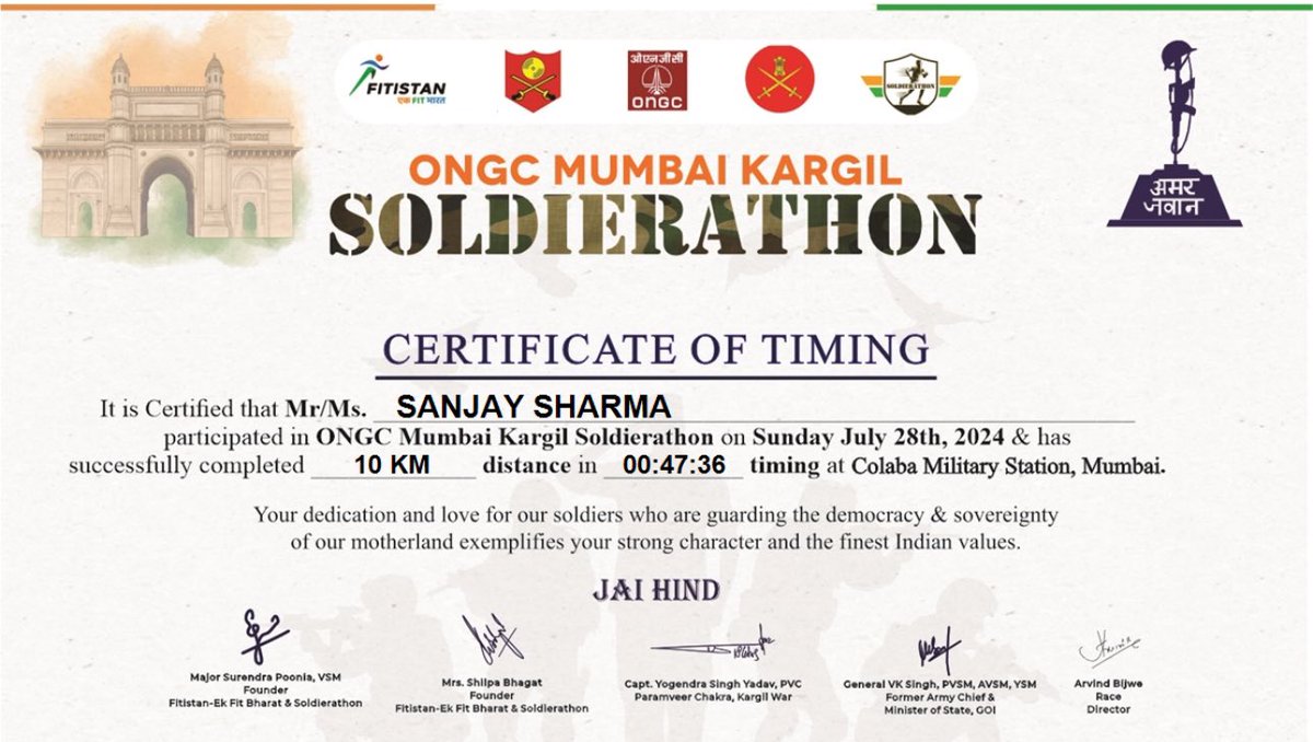 i_the_sanjay's tweet photo. Yesterday Ran A 10km in an event for the Kargil martyrs. 
Missed a PB, but got my second fastest time.Honored to run for our heroes. 🇮🇳 #KargilMartyrs #RunForHeroes #KargilVijayDiwas2024 #Mumbai #RRRSQUAD #fitIndia #JAIHIND #INDIANARMY #running #Sunday #SundayMorning @ONGC_ #run https://t.co/wCvwbeIGIB