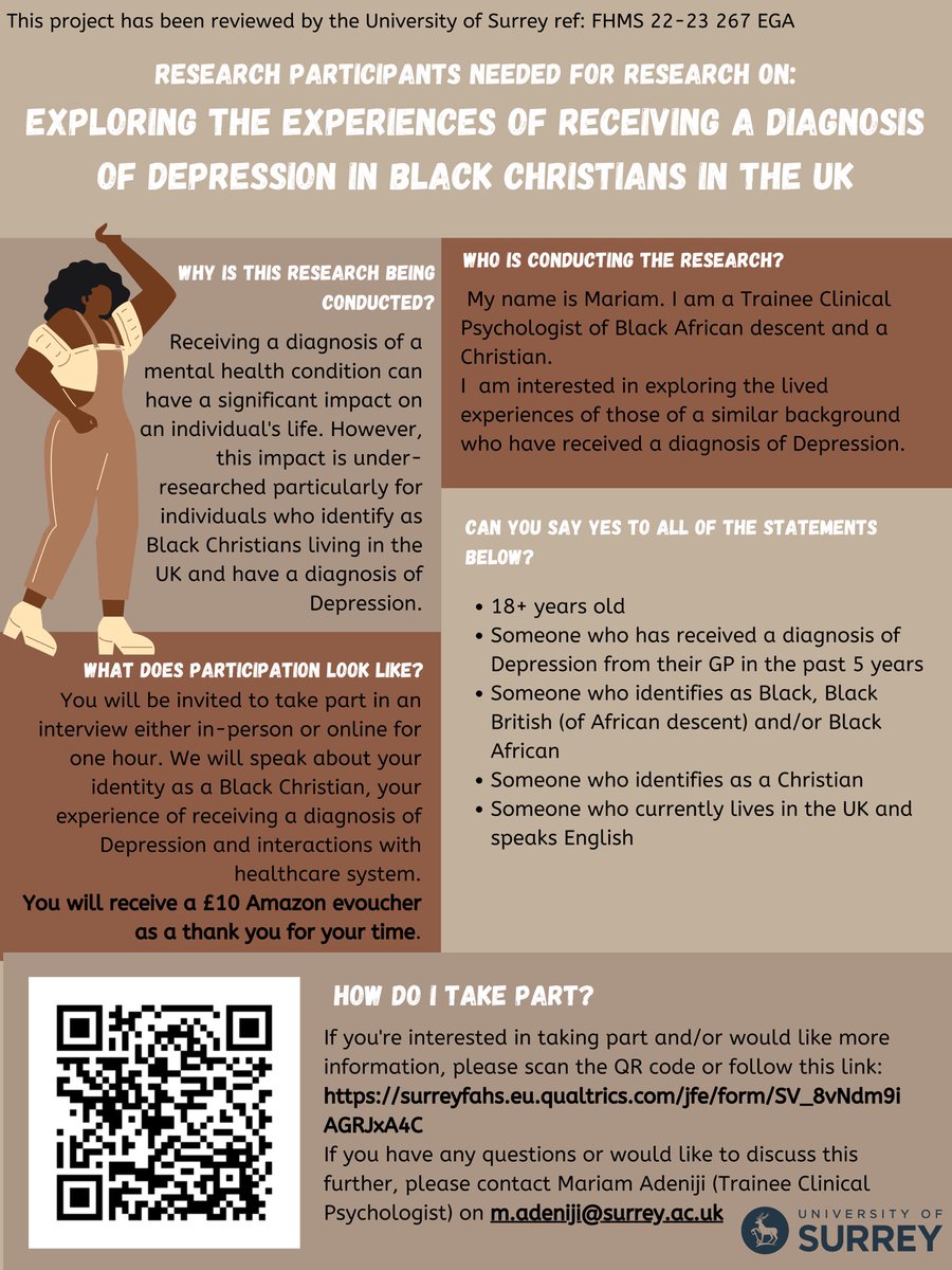 I’m still looking to speak with Black African Christians living in the UK about their experiences of receiving a depression diagnosis in the past 5 years for my research study. 

Follow the link to find out more: surreyfahs.eu.qualtrics.com/jfe/form/SV_8v…

#depression #christianity #research