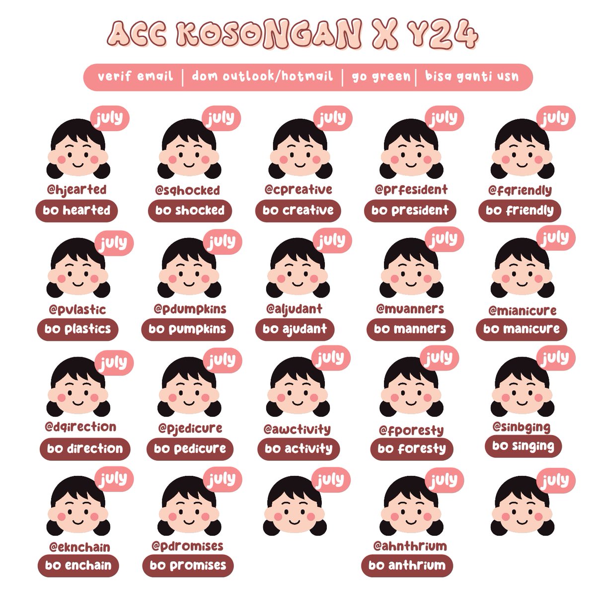 sunegwan's tweet photo. wts acc kosongan y24 ♥︎

spec :
☆. verif email only
☆. bisa ganti usn
☆. go green
☆. blm limit 12 jam
☆. dapat emailnya
☆. email outlook &amp; hotmail
☆. avail space &amp; squad
☆. msk mt, blm masuk ht

price : 6k

#zonaba #zonauang https://t.co/bIPlk8IqaW