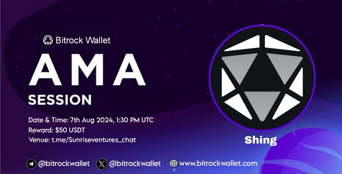 Sunrise Venture Capital | AMA + Space (@sunrise_venture) on Twitter photo 📢 We're thrilled to announce our next X - Space #AMA series with #BitrockWallet
📆 Date: 7 Aug 2024, 1:30 PM UTC
🏆 Reward: $50 USDT
🏘️ Venue: t.me/Sunriseventure…
🤵 Guest: Shin
〽️ Rules:
1. Follow <a href="/sunrise_venture/">Sunrise Venture Capital | AMA + Space</a> & @bitrockwallet
2. Like & Repost
3. Ask your 📢 We're thrilled to announce our next X - Space #AMA series with #BitrockWallet
📆 Date: 7 Aug 2024, 1:30 PM UTC
🏆 Reward: $50 USDT
🏘️ Venue: t.me/Sunriseventure…
🤵 Guest: Shin
〽️ Rules:
1. Follow <a href="/sunrise_venture/">Sunrise Venture Capital | AMA + Space</a> & @bitrockwallet
2. Like & Repost
3. Ask your