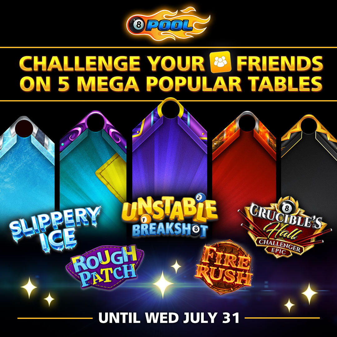 8ballpool's tweet photo. Challenge your #friends for #FriendsDay on 5 mega popular tables, including:
🧊 #SlipperyIce
🔥 #FireRush
💥 #CruciblesHall Challenger Epic

More Info » https://t.co/OvYe8xNA0J

#8BallPool https://t.co/bEK9IiAxJx