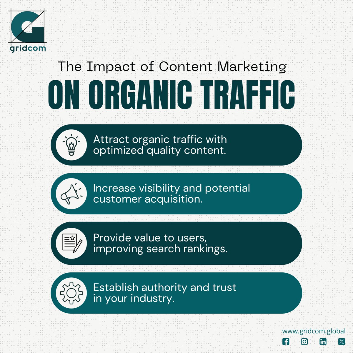 Gridcom_Global's tweet photo. 🌟🚀 Content Marketing: The Traffic Driver! Quality content can skyrocket your organic traffic. How has content marketing worked for you? Share your success stories! 📈👇

#ContentMarketing #OrganicTraffic #SEO https://t.co/YsmsXeu541