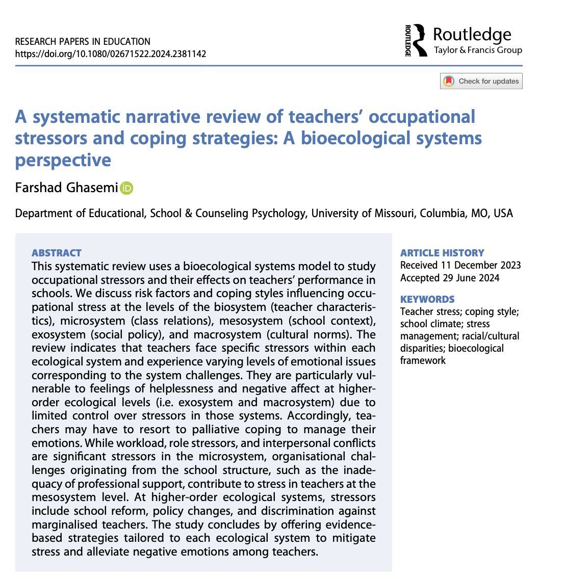 ResPapersInEduc's tweet photo. JUST PUBLISHED! 🚨

A systematic narrative review of teachers’ occupational stressors and coping strategies: A bioecological systems perspective 

Farshad Ghasemi from @MizzouEducation 

https://t.co/arTjPtC5bJ 

#educaction #teacher #stress https://t.co/ZcI92fYfJT