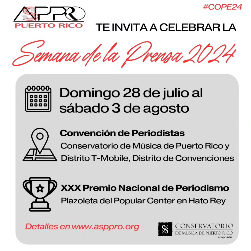 asppro_oficial's tweet photo. 📅 HOY EN #COPE24
🗞️ Este lunes 29 de julio continuamos la Semana de la Prensa desde la Sala Anthony ‘Junior’ Soto del Conservatorio de Música de Puerto Rico con el foro ‘Periodistas bajo asedio en Gaza’.
ℹ️ Toda la info en: https://t.co/wv58ooJ5DJ https://t.co/MI5O37NuBy
