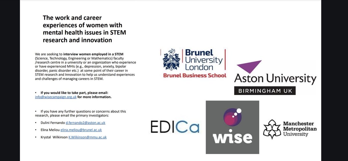 Krystal Wilkinson (@drkryswilkinson) on Twitter photo If you are a woman working in a STEM role, with experience of mental health issues, we'd love to hear from you!
Currently recruiting participants for our <a href="/edi_caucus/">EDI Caucus</a> funded study ⬇️
All shares greatly appreciated 🙏
#women #gender #STEM #diversity #EDI #research 1/2 If you are a woman working in a STEM role, with experience of mental health issues, we'd love to hear from you!
Currently recruiting participants for our <a href="/edi_caucus/">EDI Caucus</a> funded study ⬇️
All shares greatly appreciated 🙏
#women #gender #STEM #diversity #EDI #research 1/2