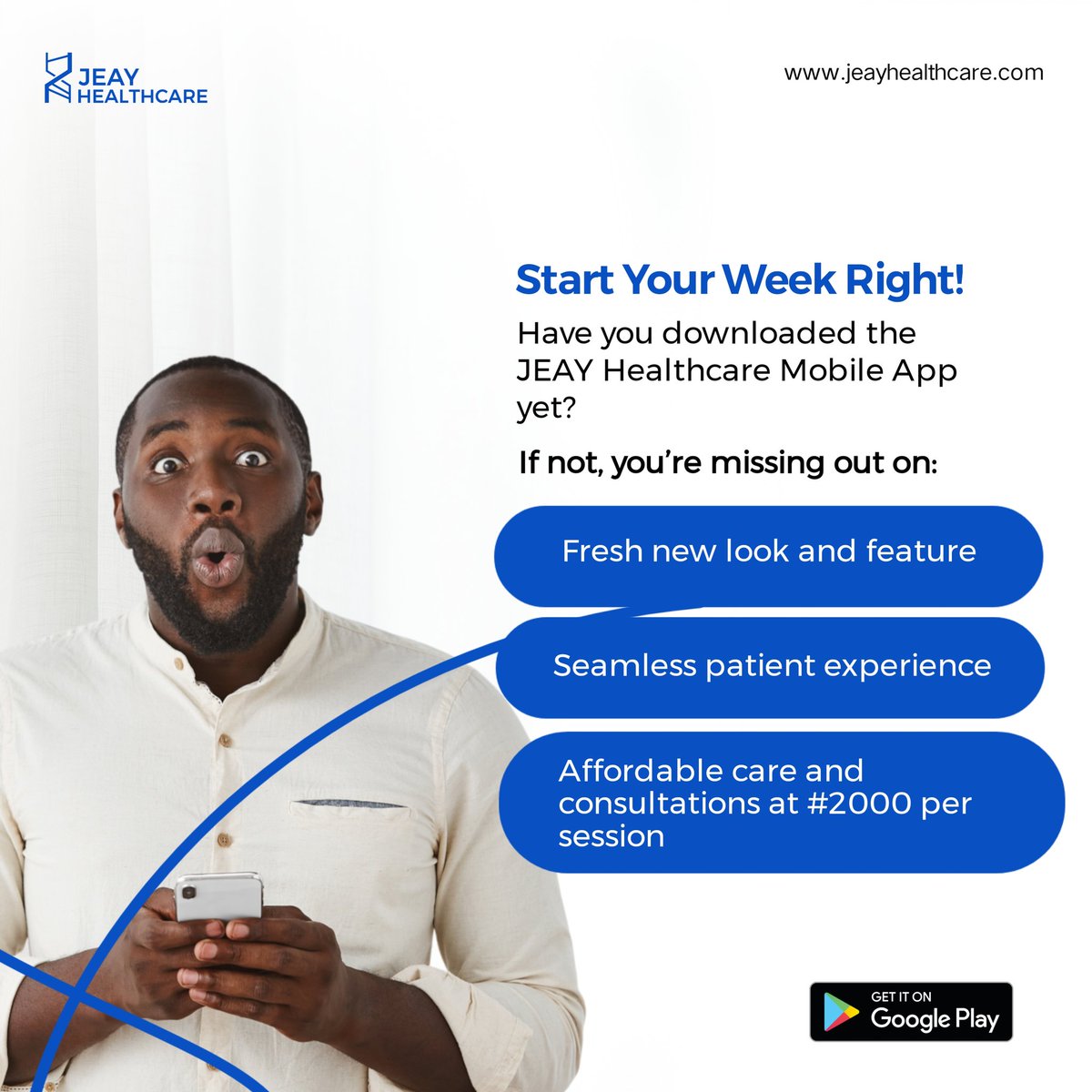 JeayHealthcare's tweet image. Start your week with JEAY ✨
Download/update our mobile app on Playstore, if you haven&apos;t done that and enjoy affordable and accessible telehealth services for just #2000
play.google.com/store/apps/det…

#mobileappupdate #newweek #DownloadNow #updatenow