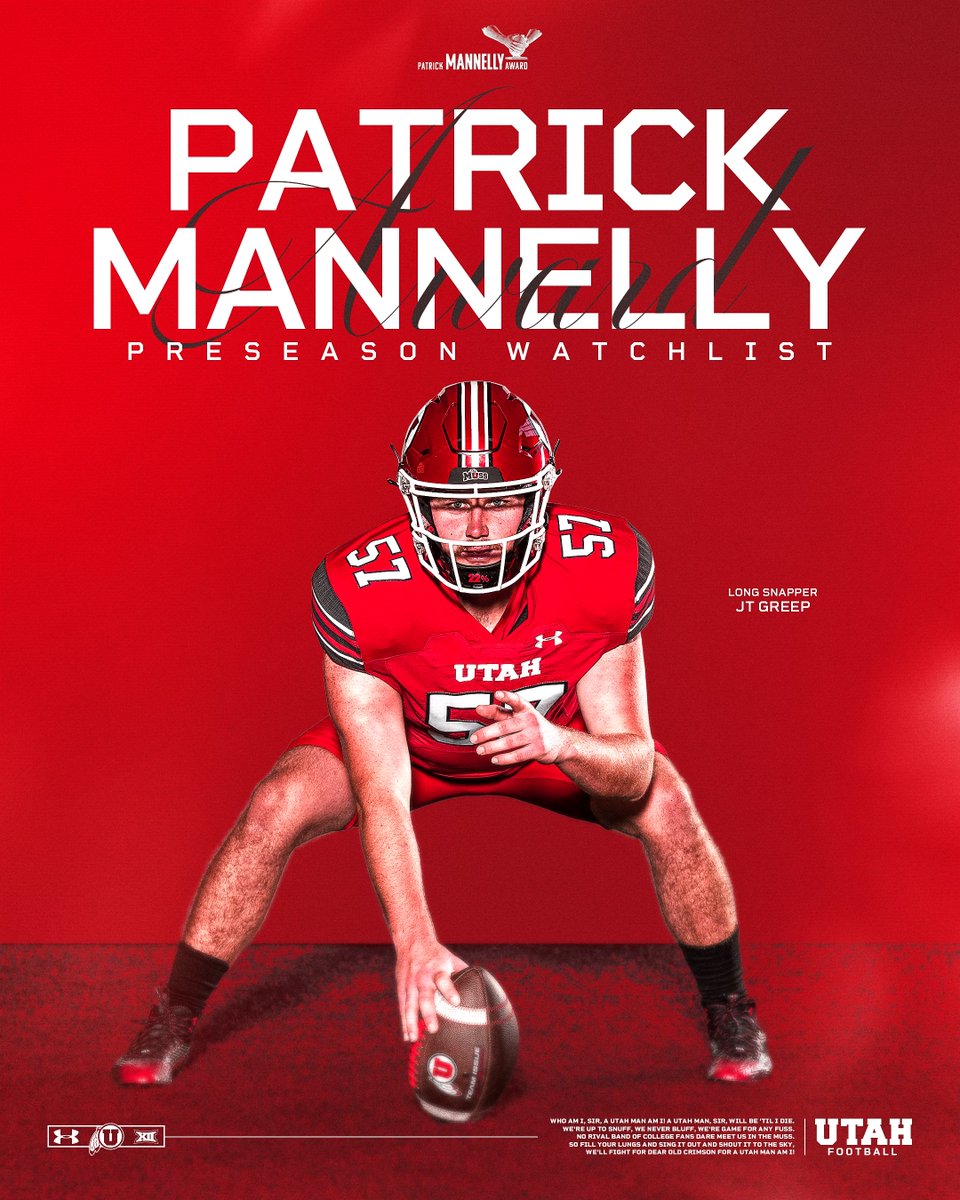 .<a href="/jtgreep/">JT Greep</a> has been named to the Patrick Mannelly Award Watch List. The award is given annually to the best long snapper in FBS football. 

📰: utahutes.com/news/2024/7/29…

#GoUtes