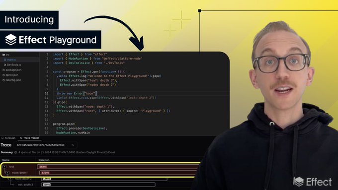 Banner featuring speaker Maxwell Brown alongside the Effect Playground interface showcasing error tracing.
