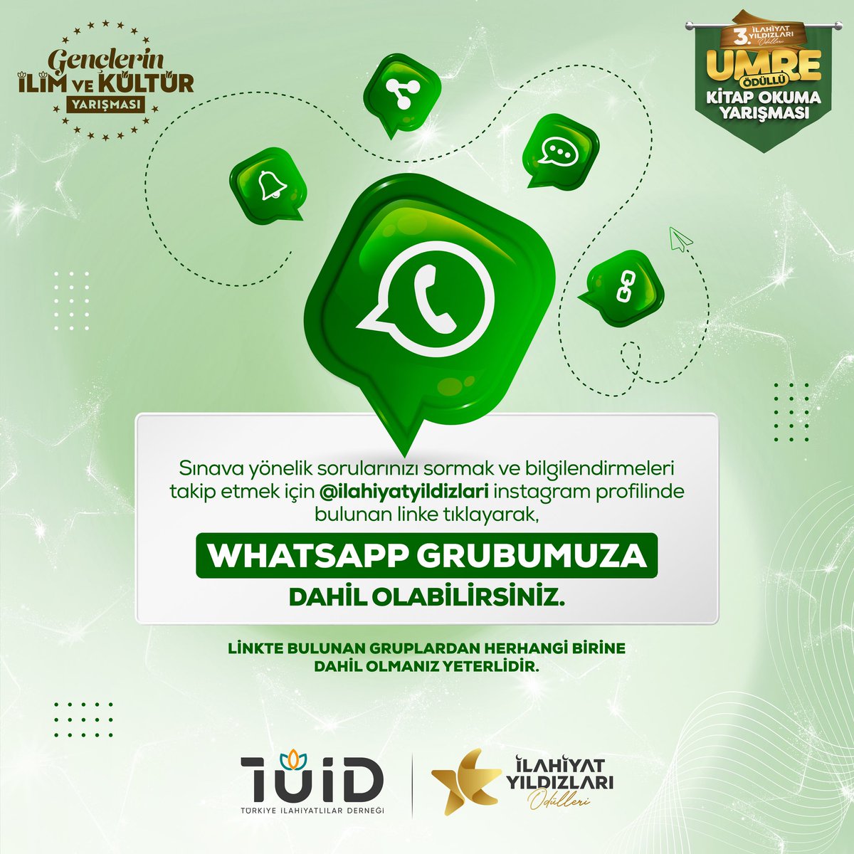 3.İlahiyat Yıldızları Ödülleri kitap okuma yarışması için kurulan whatsapp gruplarına profilden ulaşabilirsiniz.🙌🏻

Başvuru ve detaylı bilgi için:
ilahiyatyildizlari.com adresini ziyaret edebilirsiniz.