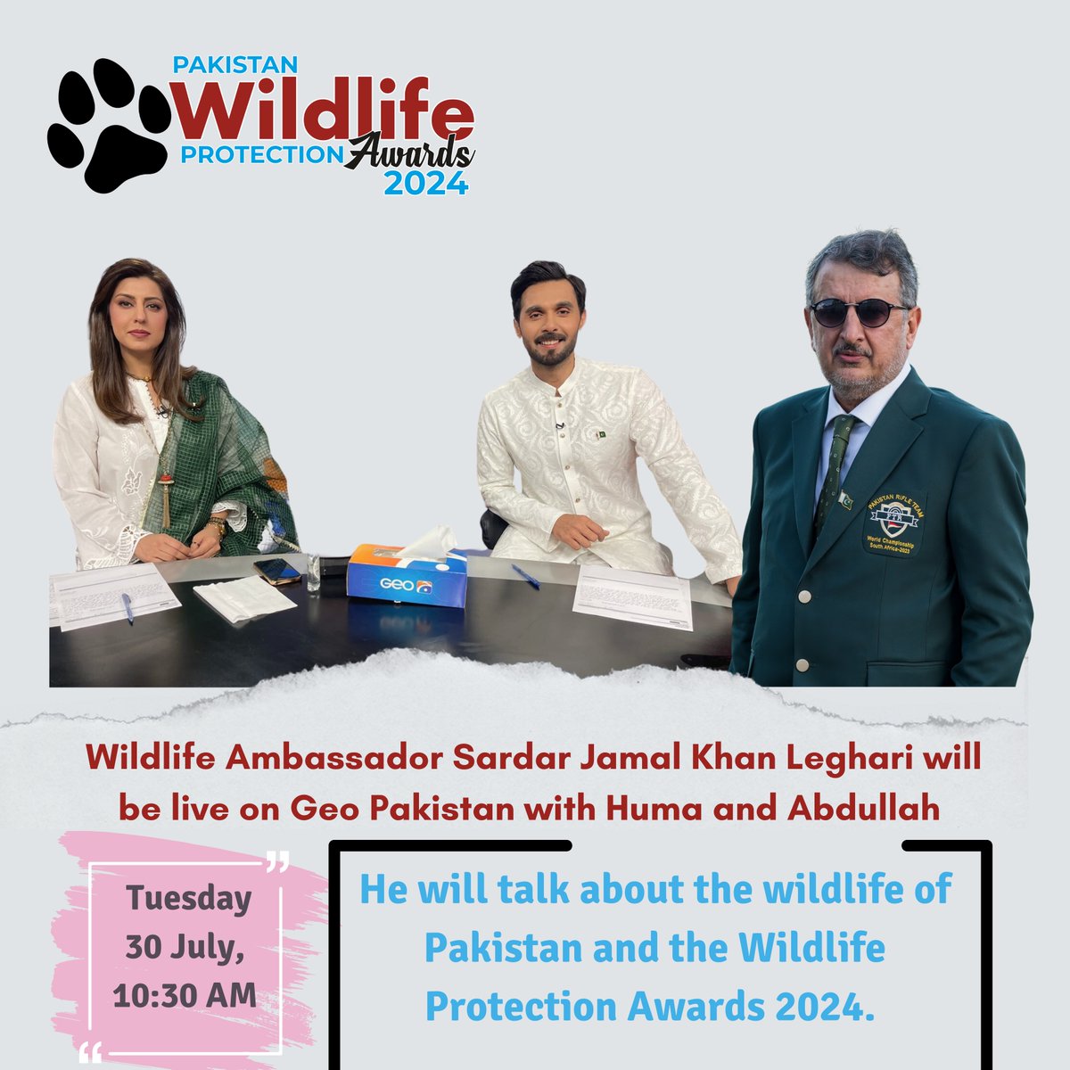 Snow Leopard Foundation (@slf_pak) on Twitter photo Wildlife Ambassador Sardar Jamal Leghari will be live on <a href="/geopakistantv/">Geo Pakistan</a> with <a href="/humaamirshah/">Huma Amir Shah</a> & <a href="/abdullahsultan/">Abdullah Sultan</a> on Tue, July 30 at 10:30 AM! 🕥 He'll talk about Pakistan's wildlife & the Pakistan Wildlife Protection Awards 2024.
Join us in celebrating our wildlife heroes. Wildlife Ambassador Sardar Jamal Leghari will be live on <a href="/geopakistantv/">Geo Pakistan</a> with <a href="/humaamirshah/">Huma Amir Shah</a> & <a href="/abdullahsultan/">Abdullah Sultan</a> on Tue, July 30 at 10:30 AM! 🕥 He'll talk about Pakistan's wildlife & the Pakistan Wildlife Protection Awards 2024.
Join us in celebrating our wildlife heroes.