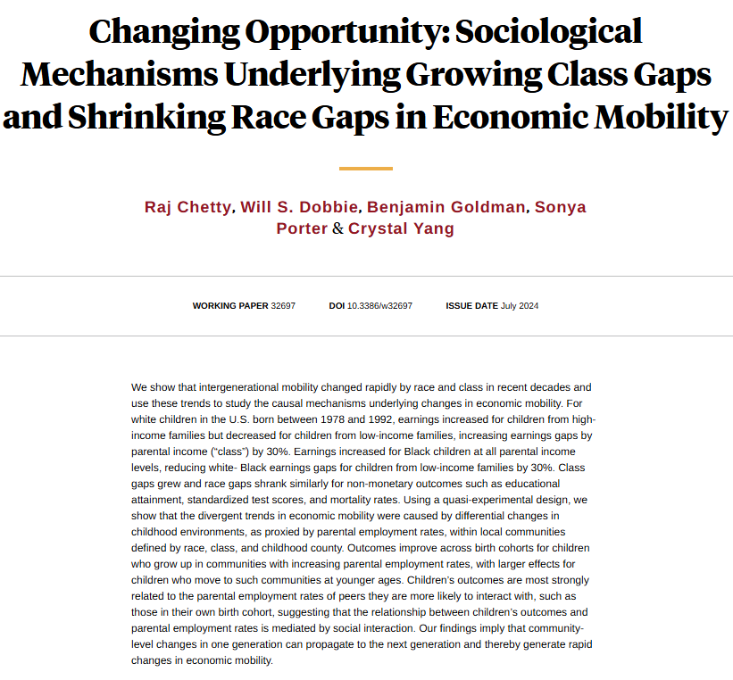 Using the rapid changes in intergenerational mobility in recent decades to study the causal mechanisms underlying changes in economic mobility, from <a href="/OppInsights/">Opportunity Insights</a>, Will S. Dobbie, Benjamin Goldman, Sonya Porter, and Crystal Yang nber.org/papers/w32697