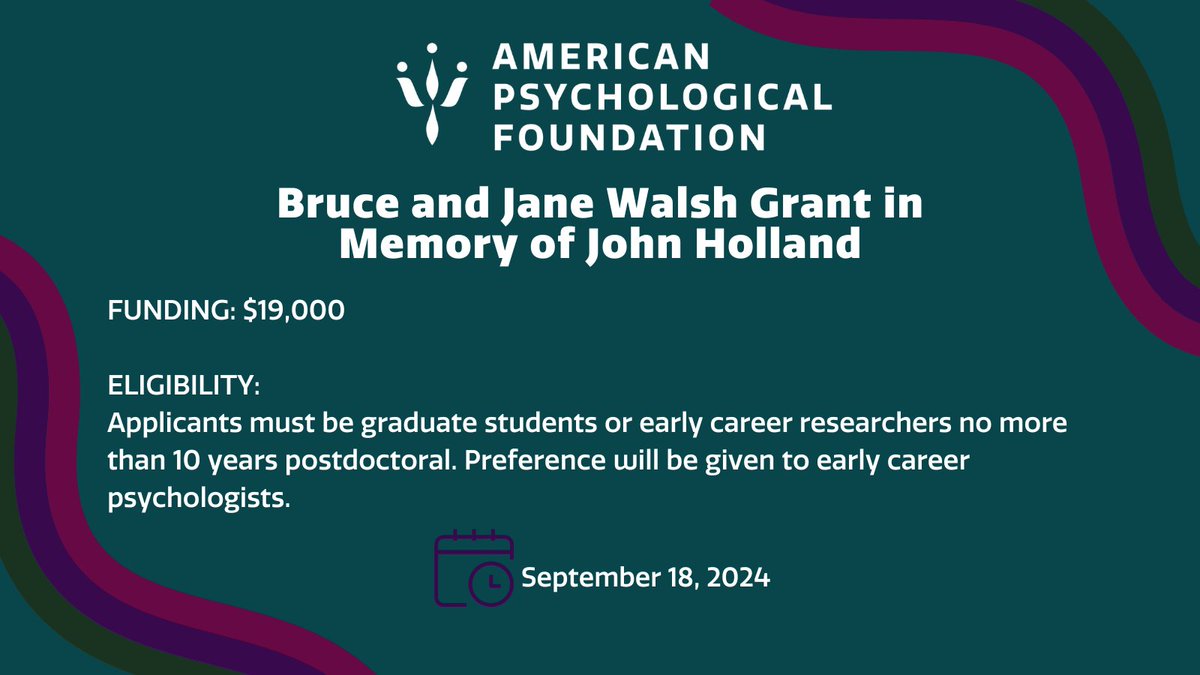 APF is accepting applications for the Bruce and Jane Walsh Grant in Memory of John Holland! 🌍 
This program supports the investigation of how personality, culture, and environment influence work behavior and health. ow.ly/JKSs50SAB4L
#psychology #careerpsychology