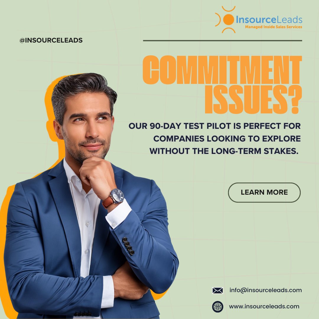 InsourceLeads's tweet image. Commitment issues? Our 90-Day Test Pilot is perfect for companies looking to explore without the long-term stakes. 

#FlexibleSolutions #InsourceLeads #B2BLeadGeneration #SalesStrategy #AppointmentSetting #OutsourcedSales #SalesGrowth #InsourceLeads