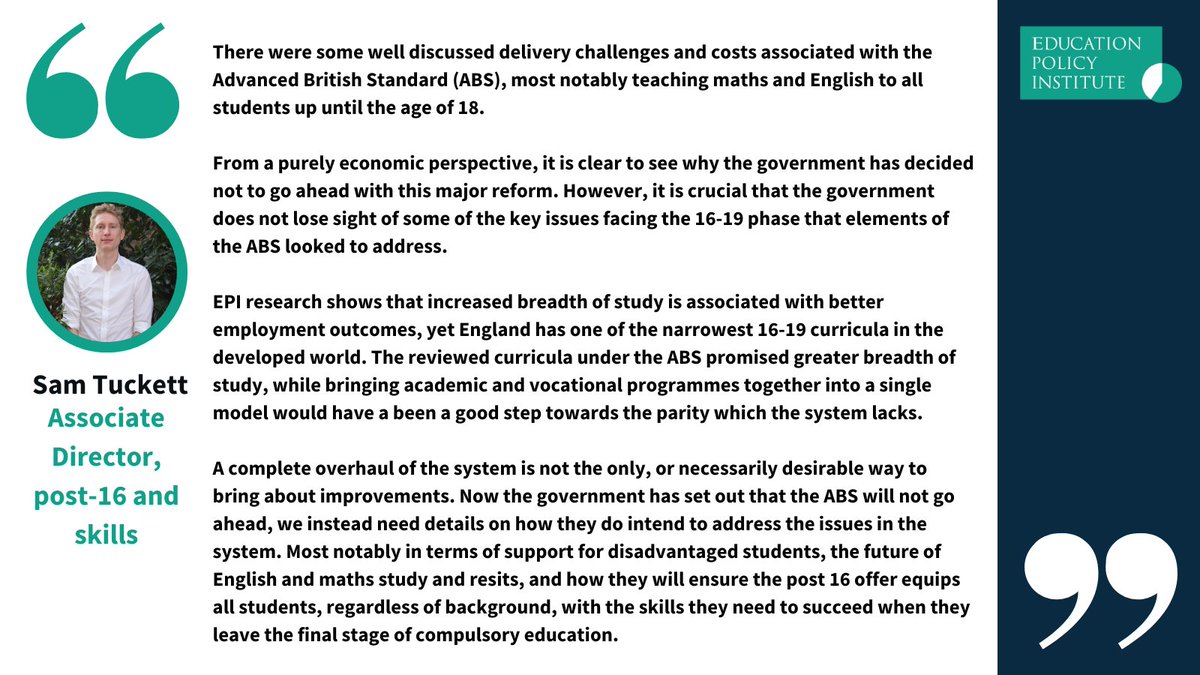 Education Policy Institute (@edupolicyinst) on Twitter photo 🗣️Comment: Advanced British Standard🗣️
<a href="/STuckett/">Sam Tuckett</a> responds to the government's announcemnt that it will not continue with the introduction of an Advanced British Standard (ABS).👇
epi.org.uk/comments/epi-r… 🗣️Comment: Advanced British Standard🗣️
<a href="/STuckett/">Sam Tuckett</a> responds to the government's announcemnt that it will not continue with the introduction of an Advanced British Standard (ABS).👇
epi.org.uk/comments/epi-r…