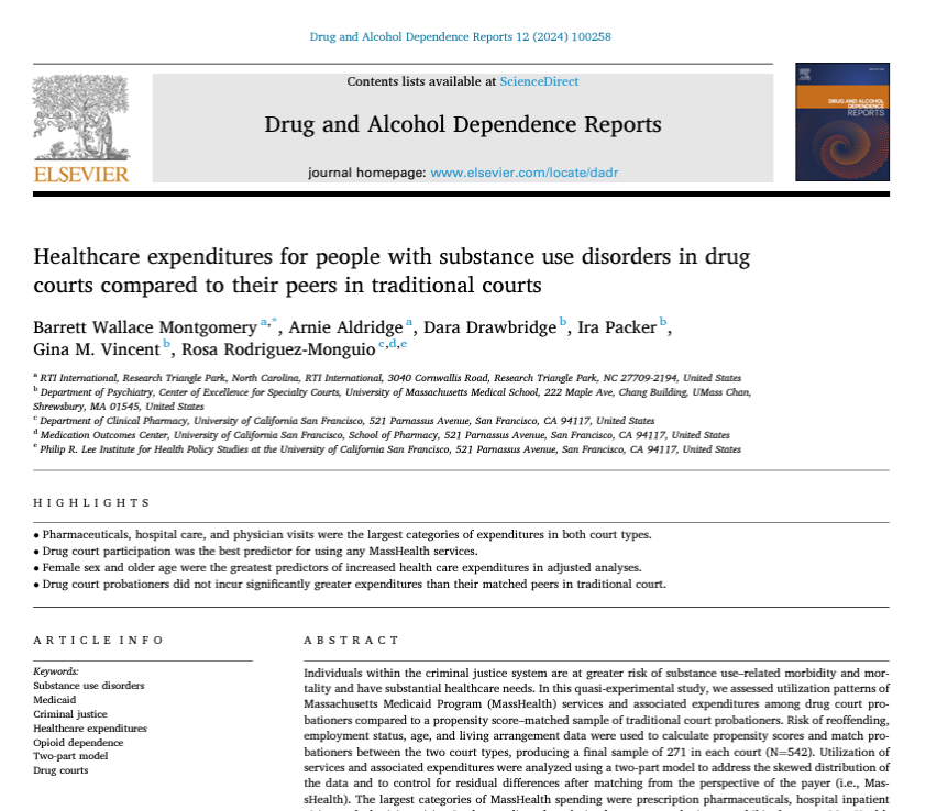 DrugAlcReports's tweet image. Drug court probationers were more likely to use #Medicaid, yet expenditures were no different than a matched cohort of traditional court peers with substance use disorders. Implications for criminal justice and healthcare policy. #DrugUse #DrugCourts bit.ly/3WrP9kA