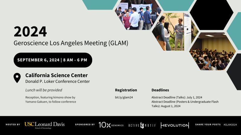 Bérénice A. Benayoun, PhD (@bbparis1984) on Twitter photo 🔔 Attention LA area geroscience trainees🔔 
The poster deadline for #GLAM2024 is 8/1! 
The meeting is 100% free 💸 , thanks to the support of <a href="/USCLeonardDavis/">USC Leonard Davis School of Gerontology</a>, and generous sponsorship from <a href="/hevolution_f/">Hevolution Foundation</a> , <a href="/activemotif/">Active Motif</a> and <a href="/10xGenomics/">10x Genomics</a> .
Register at: gero.usc.edu/laara/event/20… 🔔 Attention LA area geroscience trainees🔔 
The poster deadline for #GLAM2024 is 8/1! 
The meeting is 100% free 💸 , thanks to the support of <a href="/USCLeonardDavis/">USC Leonard Davis School of Gerontology</a>, and generous sponsorship from <a href="/hevolution_f/">Hevolution Foundation</a> , <a href="/activemotif/">Active Motif</a> and <a href="/10xGenomics/">10x Genomics</a> .
Register at: gero.usc.edu/laara/event/20…