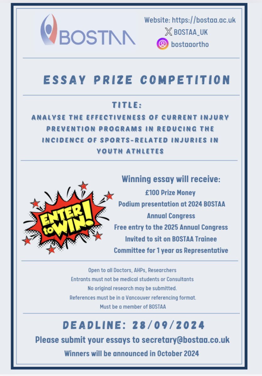BOSTAA (@bostaa_uk) on Twitter photo Take part in our essay prize competition ππΌ Reach out to our Research Committee Mr Plastow, Tom <a href="/thomasllewis/">Tom Lewis</a>, Humza <a href="/HTOsmani/">Humza Tariq Osmani</a> or Irrum <a href="/iafzal1/">Irrum Afzal</a> if you have any questions! <a href="/bota_uk/">BOTA</a> <a href="/BritOrthopaedic/">BOA</a> <a href="/KidsKneeConf/">Kids Knee Conference</a> <a href="/SAnand65/">Sanjeev Anand</a> <a href="/drneiljain/">drneiljain</a> <a href="/DeiaryKader/">Professor Deiary Kader (Medical Doctor)</a> Take part in our essay prize competition ππΌ Reach out to our Research Committee Mr Plastow, Tom <a href="/thomasllewis/">Tom Lewis</a>, Humza <a href="/HTOsmani/">Humza Tariq Osmani</a> or Irrum <a href="/iafzal1/">Irrum Afzal</a> if you have any questions! <a href="/bota_uk/">BOTA</a> <a href="/BritOrthopaedic/">BOA</a> <a href="/KidsKneeConf/">Kids Knee Conference</a> <a href="/SAnand65/">Sanjeev Anand</a> <a href="/drneiljain/">drneiljain</a> <a href="/DeiaryKader/">Professor Deiary Kader (Medical Doctor)</a>