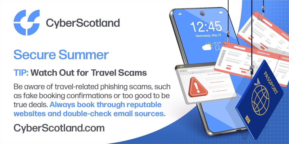 scotlandis's tweet photo. Watch out for travel-related #phishing scams!
As part of @CyberResScot, we want you to enjoy a #SecureSummer - stick to trusted websites and make sure to verify email sources to avoid falling victim.
Check out their new guidance here:
➡️https://t.co/PXkdsiGvbm https://t.co/bR68AiSAmV